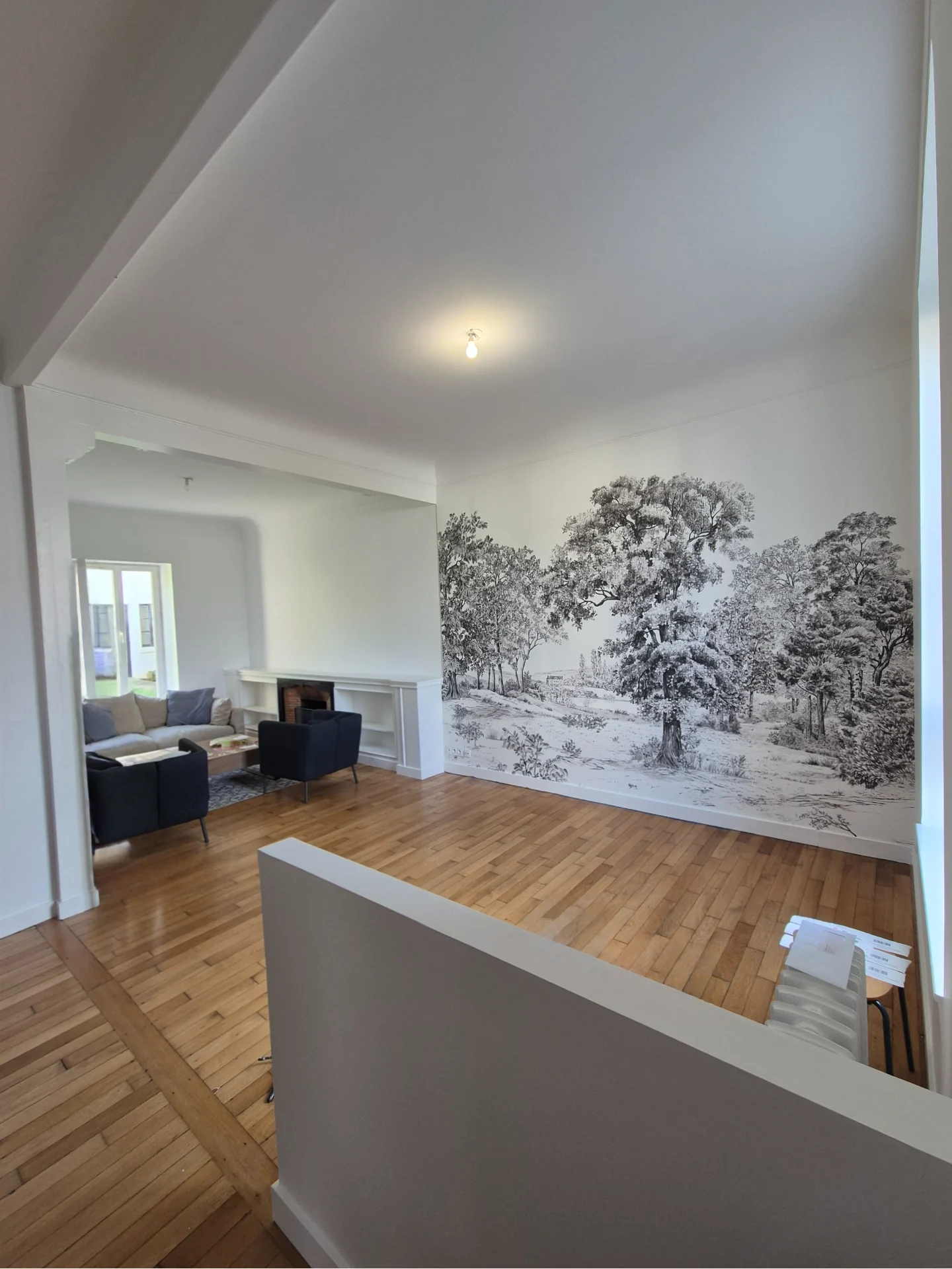 Pièce de vie avec papier peint panoramique noir et blanc.